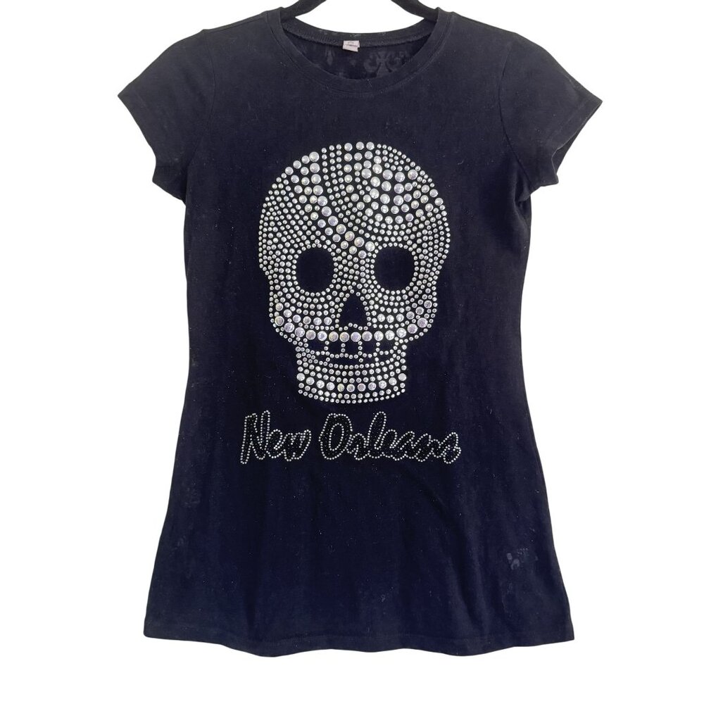 Miss Posh Womens Studded Black/Silver New Orleans Skull  T-Shirt Top Size M